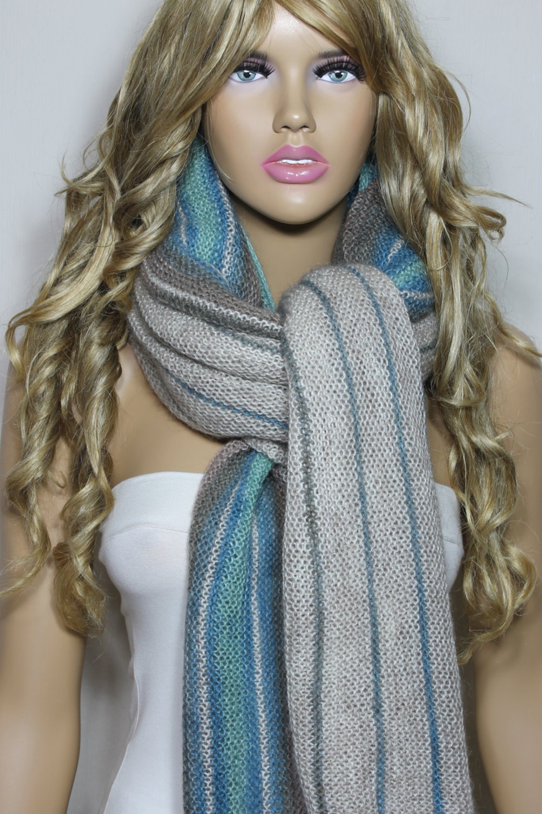 Hand Knit Scarf Knit Scarf Multicolor Extra Long Scarf Beige - Etsy