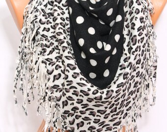 Polka Dot Leopard Print Black White Scarf Square Scarf Tassel Scarf Women's Fall Winter Fashion Scarves Women Fashion Accessories For Her