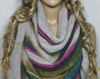 Hand Knit Scarf Multicolor Scarf Stripped Scarf Triangle Scarf Oversize Scarf Gift For Her For Him Neck Warmer Unisex Scarves- ESCHERPE