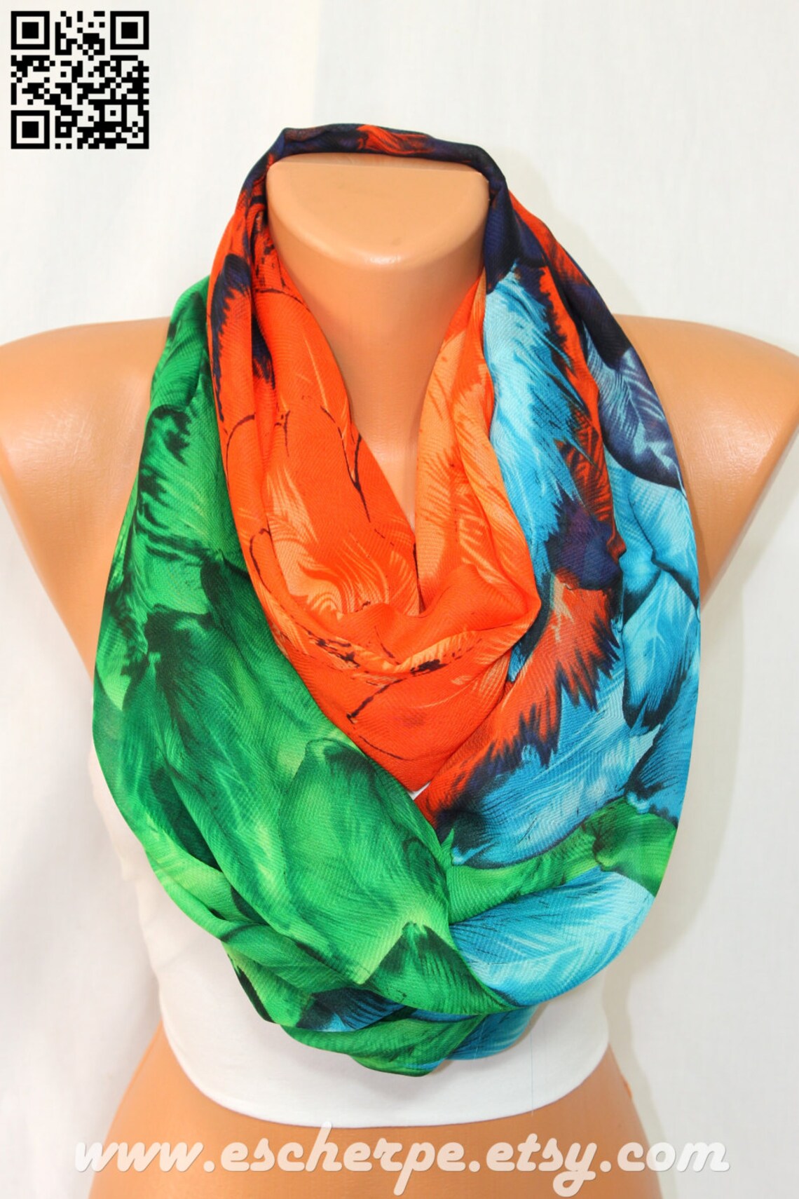 Feathers Wings Emerald Blue Orange Scarf Lightweight Silky Etsy