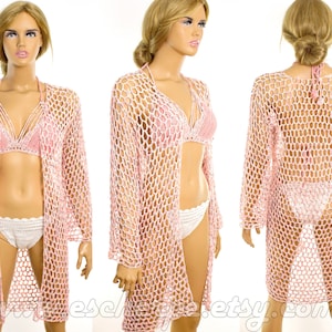 Salmon Mesh Crochet Cotton Beach Dress, Kimono, Coverup For Women, Summer Dress, Beachwear, Swimwear, Summer Wear, Bikini Cover Up for Women