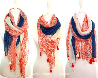 Red Blue Floral Tassel Woman Scarf So Soft Lightweight Spring Summer Accessory Women Fashion Accessories Gift Ideas For Her For Mom