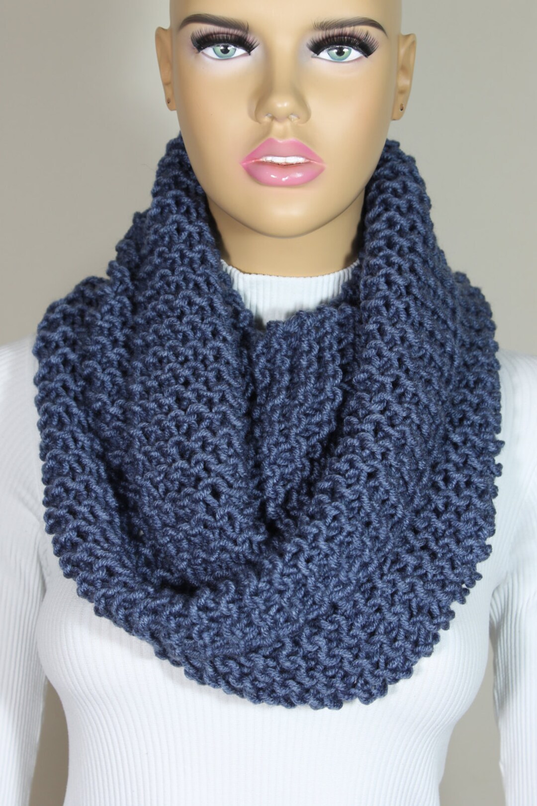 Hand Knitted Denim Blue Infinity Scarf Christmas Gift Neck Warmer ...
