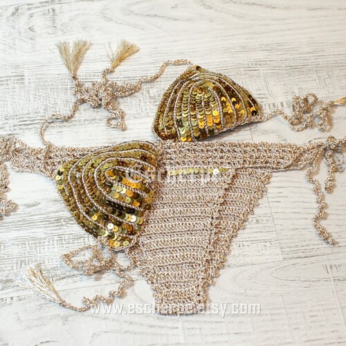 Gold Sequin Crochet Bikini Set Crochet Top Bottom Swimwear Etsy
