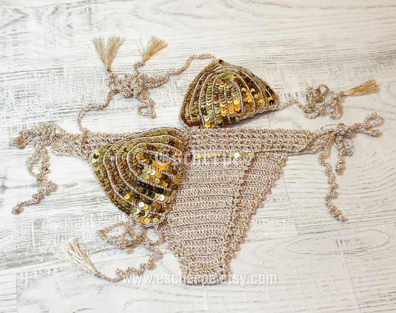 Gold Sequin Crochet Bikini Set Crochet Top Bottom Swimwear Womens Girls Swimwear Swimsuit Girlfriends Gift Ideas For Her-EXPRESS SHIPPING image 1