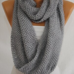 Hand Knit Gray Sparkly Infinity Scarf Fall Scarf Winter Scarf Neck Warmer Women&#39;s Fashion Accessories Holiday Gift Ideas For Her ESCHERPE