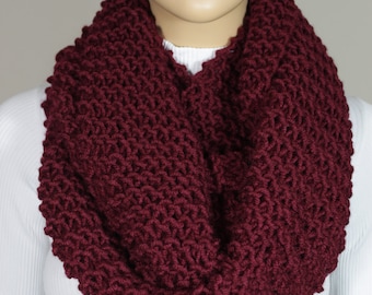 Hand Knitted  Burgundy Wine Infinity Scarf Christmas Gift Neck Warmer -ESCHERPE