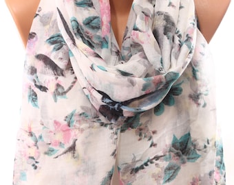 Bird Dragonfly Floral Print White Scarf Women Accessories Spring Fashion Infinity Scarf Coverups Scarves Cowls Pareo Gift Ideas For Her