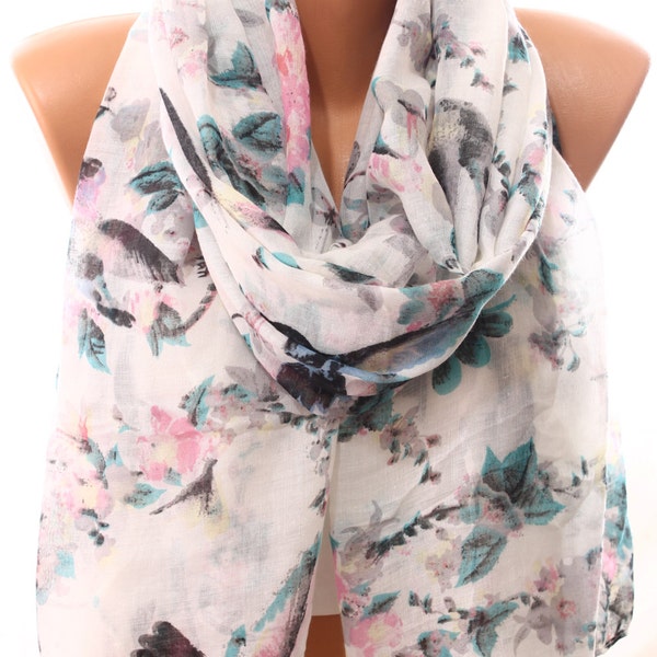 Bird Dragonfly Floral Print White Scarf Women Accessories Spring Fashion Infinity Scarf Coverups Scarves Cowls Pareo Gift Ideas For Her