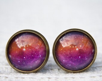 Orange and Purple Space Galaxy Stud Earrings