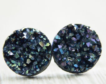 Sparkly Grey Slate Blue Faux Druzy Stud Earrings