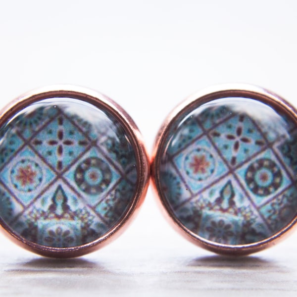 Portuguese Ceramic Tile Pottery Design Stud Earrings