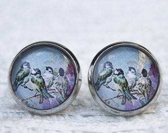 Blue Tit Bird on a Branch Stud Earrings