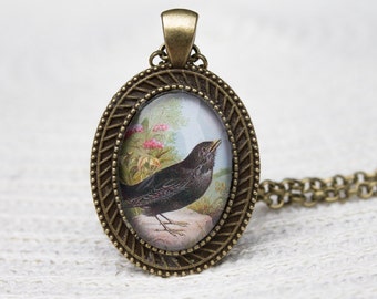 Blackbird Pendant, Blackbird Necklace, Bird Necklace, Bird Pendant, Blackbird, Black Bird, Oval, Glass Dome Pendant, Glass Dome Necklace