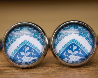 Blue Chinese Porcelain Ceramic Design Stud Earrings