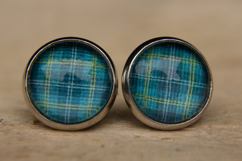 Green Tartan Plaid Stud Earrings image 1