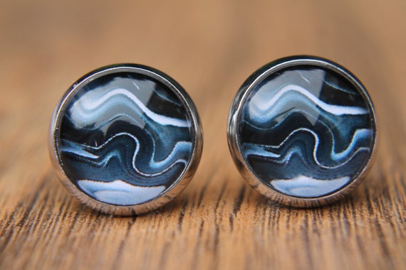 Blue Marble Design Stud Earrings