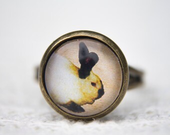 Rabbit Ring, Animal Ring, Glass Dome Ring, Adjustable Ring, Statement Ring, Black and White Rabbit