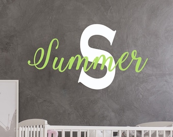 Può includere: Un lettino bianco con un materasso a motivi bianchi e grigi. Il lettino è decorato con uno striscione 'BABY' rosa e bianco e un adesivo da parete 'Summer' verde e bianco con una grande 'S' bianca.