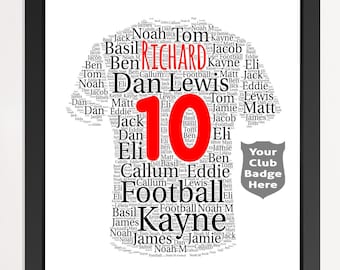 Personalized Football T-Shirt Word Art Gift, Team Presentation Wall Art, Any name, number, and Badge included, Any Colours and words