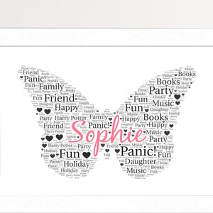 Personalised Butterfly word art, Custom butterfly print,  Friendship Gifts - For Her, Women, Girls - Best Friend, Mum, Sister