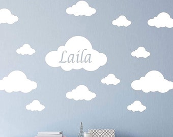 Personalised Cloud Wall Stickers Set of 30 - Kids Nursery Décor - White cloud Decals for Bedrooms for Boys room and Girls room - Custom name