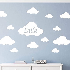 Personalised Cloud Wall Stickers Set of 30 - Kids Nursery Décor - White cloud Decals for Bedrooms for Boys room and Girls room - Custom name