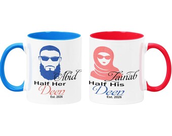 Personalised Islamic Mug Set, Half Her Deen Romantic Couple Muslim Nikkah Gifts