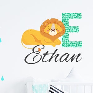 Lion wall stickers for kids bedrooms Personalised name wall sticker Custome initial Animal wall decals Childrens Playroom watercolour Vinyl