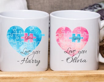 Anniversary gift for couple| Personalised Jigsaw puzzle hearts name mug | Valentines day gift for boyfriend Girlfriend | Birthday mug gift