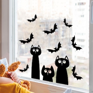 Halloween Cat and Bat Window Sticker Pack, Spooky Halloween Window Decor, Vinyl wall Decals
