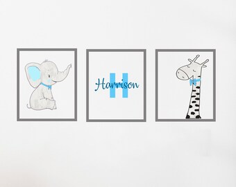 Custom Name Nursery Wall Decals: Elephant, Giraffe, Initial Art