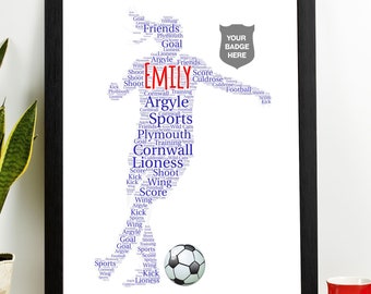 Personalised Women Football Word Art Gift, Team Presentation Wall Art, Any Badge included, Any Colours and words, soccer fans gift