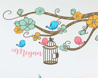 Personalised name Tree branch wall sticker Blossom Flower Bird Cage Wall Stickers Removable Vinyl Nursery wall art Decals Watercolour