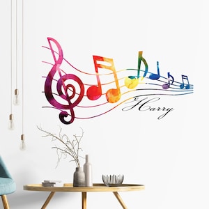 Personalised Colourful Music Notes Wall Sticker, Vinyl Name Decal, Music Decor