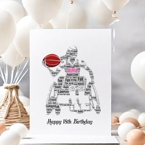 Carte de nombre d'anniversaire d'art de mot de rugby des Jeux paralympiques, cartes de voeux personnalisées de nuage de mot de rugby de fille d'impression de taille A5 avec des enveloppes