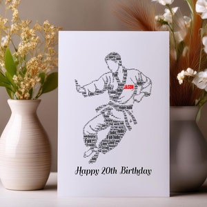 Numéro personnalisé joyeux anniversaire judo, karaté, kung fu figure masculine mot art cadeau carte A5, nuage de mots personnalisé impression carte avec enveloppes