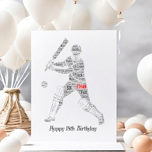 Carte d'anniversaire personnalisée de cricket, cartes de voeux imprimées d'art de mot de joueur de cricket, pour lui, enveloppe blanche de format A5 de papa
