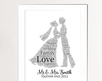 May include: A black and white word art print of a bride and groom. The words used in the art are related to love, family, happiness, and wedding. The text at the bottom of the print reads "Mr. & Mrs. Smith TOGETHER SINCE 2022".