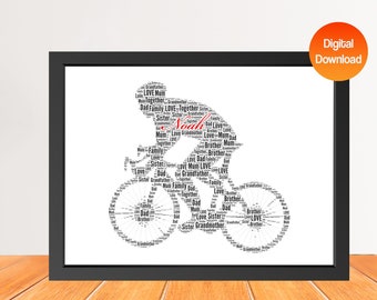 Personalised Cycling Word Art Print, Custom Name Cyclist Gift, Digital Download