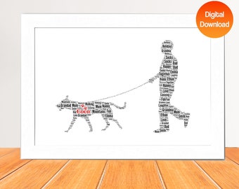May include: Black and white word art print of a person walking a dog. The words in the art are related to family, love, and happiness. The dog's name is "Coco" and is written in red.