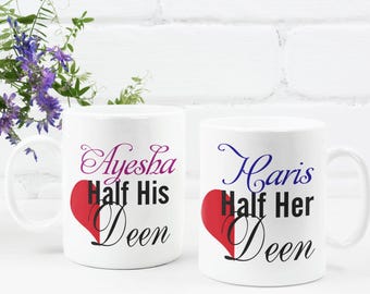 Personalised Half Her Deen Mug Set, Islamic Couple Gift Nikah Wedding
