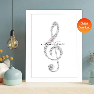 Personalized Music Note Symbol Word Art Print, Custom name word cloud print, Birthday gift for her, Note Symbol Christmas Digital gifts
