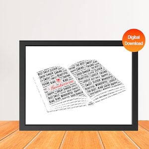 Impressão de arte de palavras de livros personalizados, impressão de nuvem de palavras de livro personalizado, presente de aniversário, dia dos pais, dia das mães, impressão digital de presentes de Natal