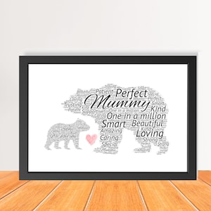 Personalized Mother&#39;s Day Word Art Print, Custom Word cloud Mama Bear, First Mother&#39;s Day, Mum and Child Print, Bear Shaped Word Art Card