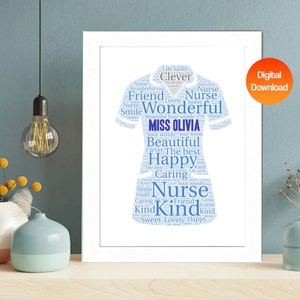 May include: A blue and white word cloud in the shape of a nurse's uniform. The word cloud includes words like "nurse", "friend", "caring", "happy", "kind", "lovely", and "sweet". The name "Miss Olivia" is in the center of the word cloud.