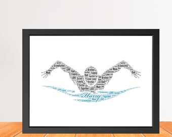 May include: A black-framed print featuring a swimmer silhouette composed of words like Family, Love, Dad, Mum, Brother, Sister, and Grandfather. The name Harry is written in blue script at the center of the water wave graphic.