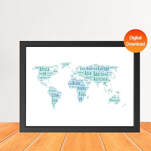 Mappa del mondo personalizzata Stampa artistica di parole, Mappa del mondo personalizzata Word Cloud Decorazione da parete regalo, Compleanno, Regali di Natale, Regali per la festa del papà/della mamma