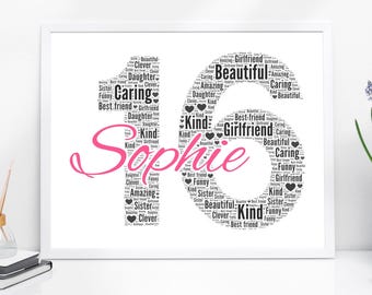 16th Birthday Gift, Personalised Number 16 Word Art Print, Custom Milestone Keepsake