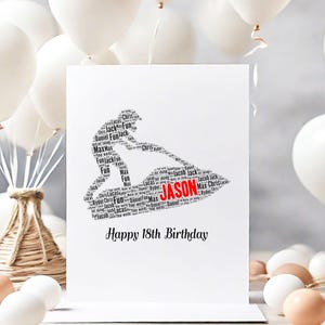 Carte d'anniversaire personnalisée jet ski, art des mots, cartes pour elle, lui, garçons, filles, enfants - fille, fils, père, cartes de voeux A5